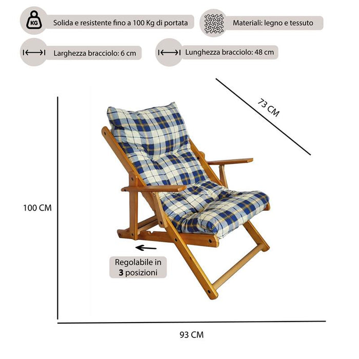 POLTRONA RELAX COMODONA BLU SCOZZESE IN LEGNO 3 POSIZIONI