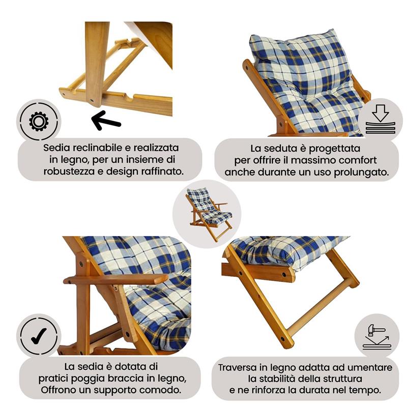 POLTRONA RELAX COMODONA BLU SCOZZESE IN LEGNO 3 POSIZIONI