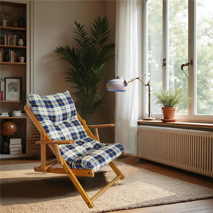 POLTRONA RELAX COMODONA BLU SCOZZESE IN LEGNO 3 POSIZIONI