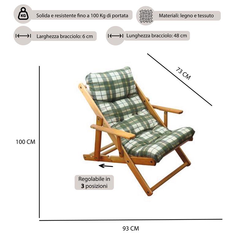 POLTRONA RELAX COMODONA VERDE SCOZZESE IN LEGNO 3 POSIZIONI