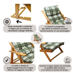 POLTRONA RELAX COMODONA VERDE SCOZZESE IN LEGNO 3 POSIZIONI