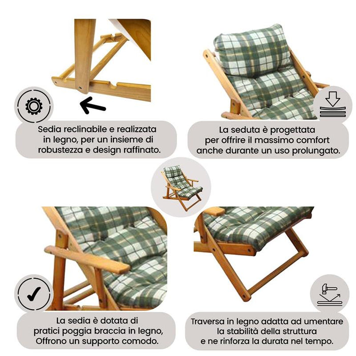 POLTRONA RELAX COMODONA VERDE SCOZZESE IN LEGNO 3 POSIZIONI