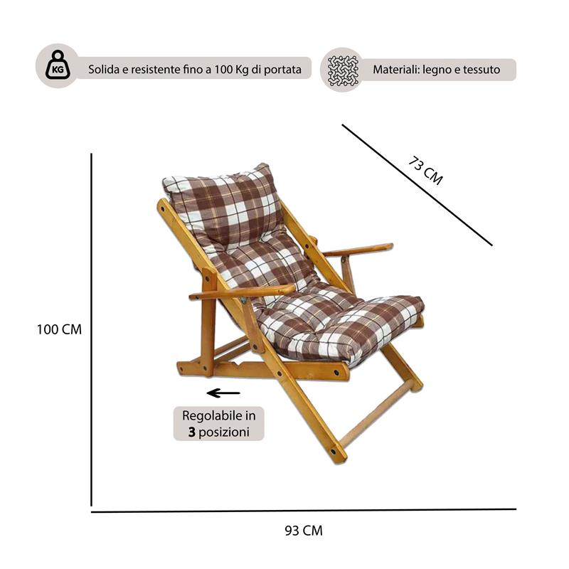 POLTRONA RELAX COMODONA MARRONE SCOZZESE IN LEGNO 3 POSIZIONI