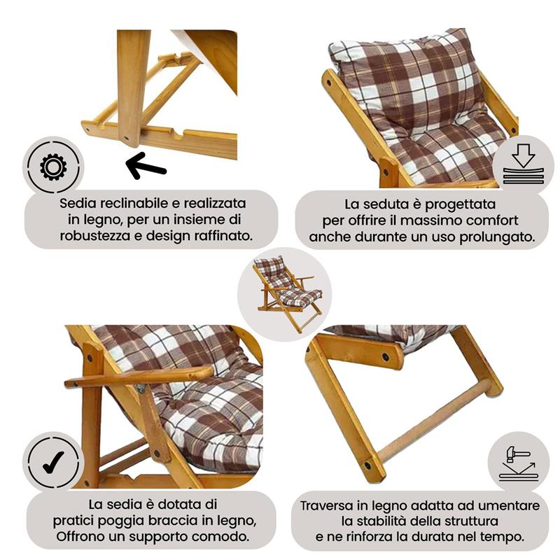 POLTRONA RELAX COMODONA MARRONE SCOZZESE IN LEGNO 3 POSIZIONI