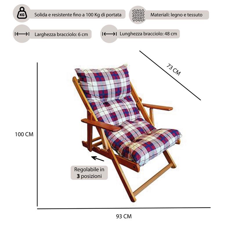 POLTRONA RELAX COMODONA ROSSO BORDEAUX SCOZZESE IN LEGNO CON  3 POSIZIONI