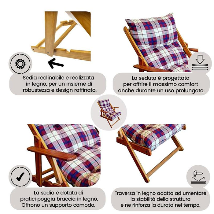 POLTRONA RELAX COMODONA ROSSO BORDEAUX SCOZZESE IN LEGNO CON  3 POSIZIONI
