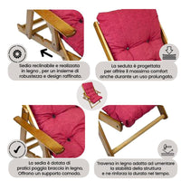 MAURY'S POLTRONA RELAX ROSSA TINTA UNITA COMODONA IN LEGNO 3POSIZIONI CON CUSCINO IMBOTTITO