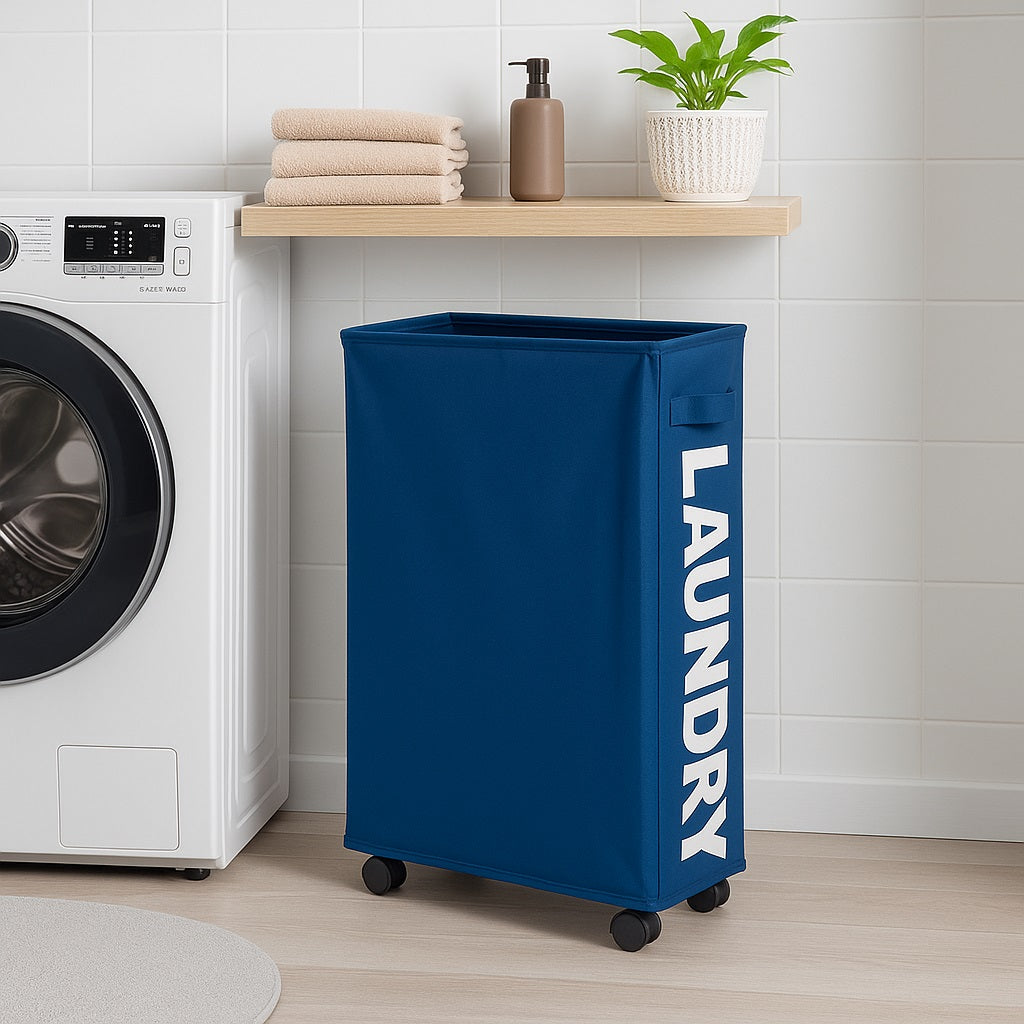 Cesto Biancheria Sporca Pieghevole in Tessuto Oxford Slim con Ruote e Coperchio Blu