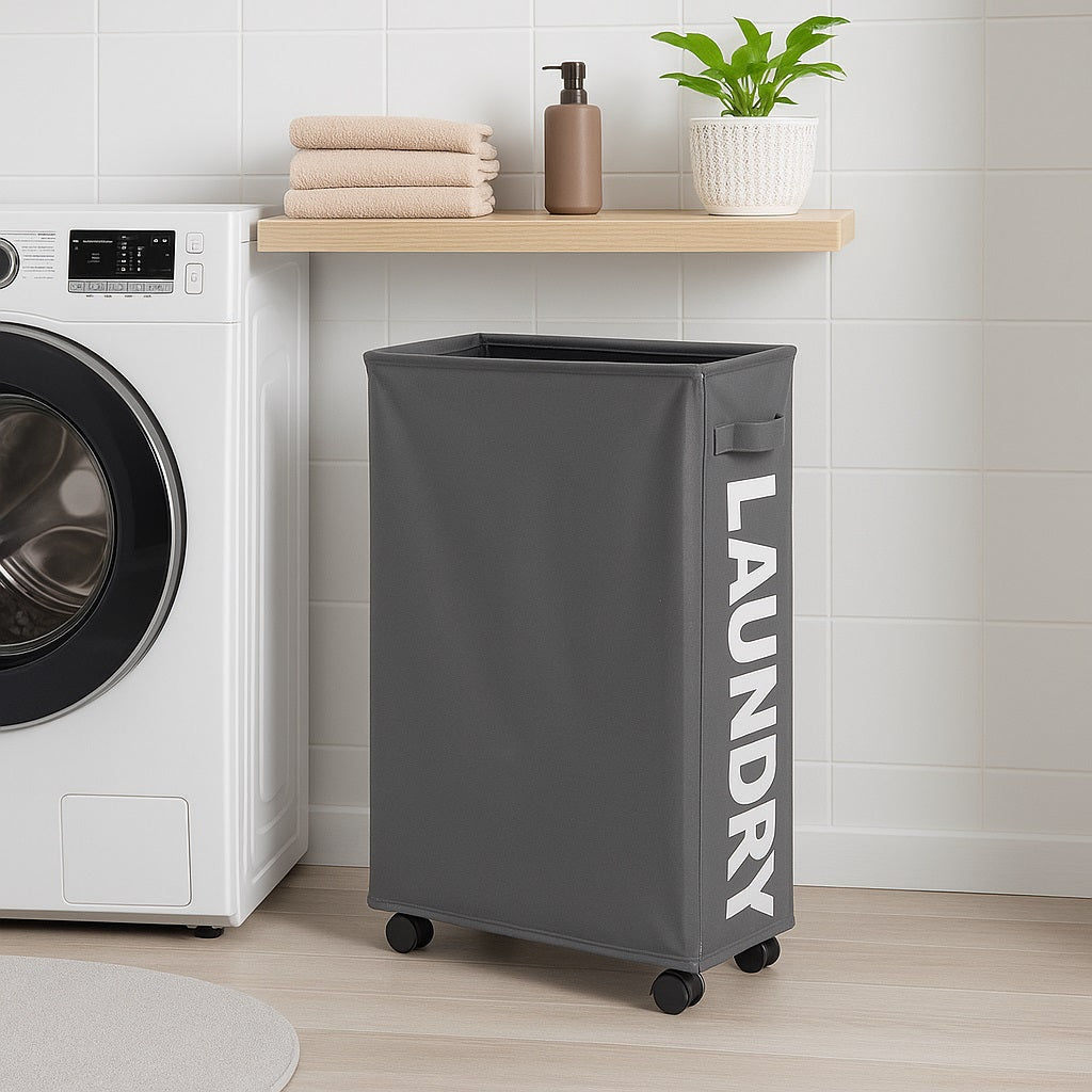 Cesto Biancheria Sporca Pieghevole in Tessuto Oxford Slim con Ruote e Coperchio Grigio