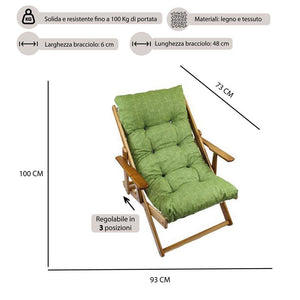 MAURY'S POLTRONA RELAX VERDE TINTA UNITA COMODONA IN LEGNO 3 POSIZIONI CON CUSCINO IMBOTTITO