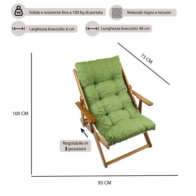 MAURY'S POLTRONA RELAX VERDE TINTA UNITA COMODONA IN LEGNO 3 POSIZIONI CON CUSCINO IMBOTTITO