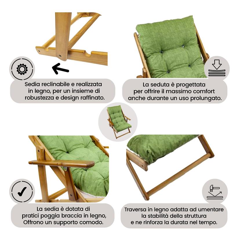 MAURY'S POLTRONA RELAX VERDE TINTA UNITA COMODONA IN LEGNO 3 POSIZIONI CON CUSCINO IMBOTTITO