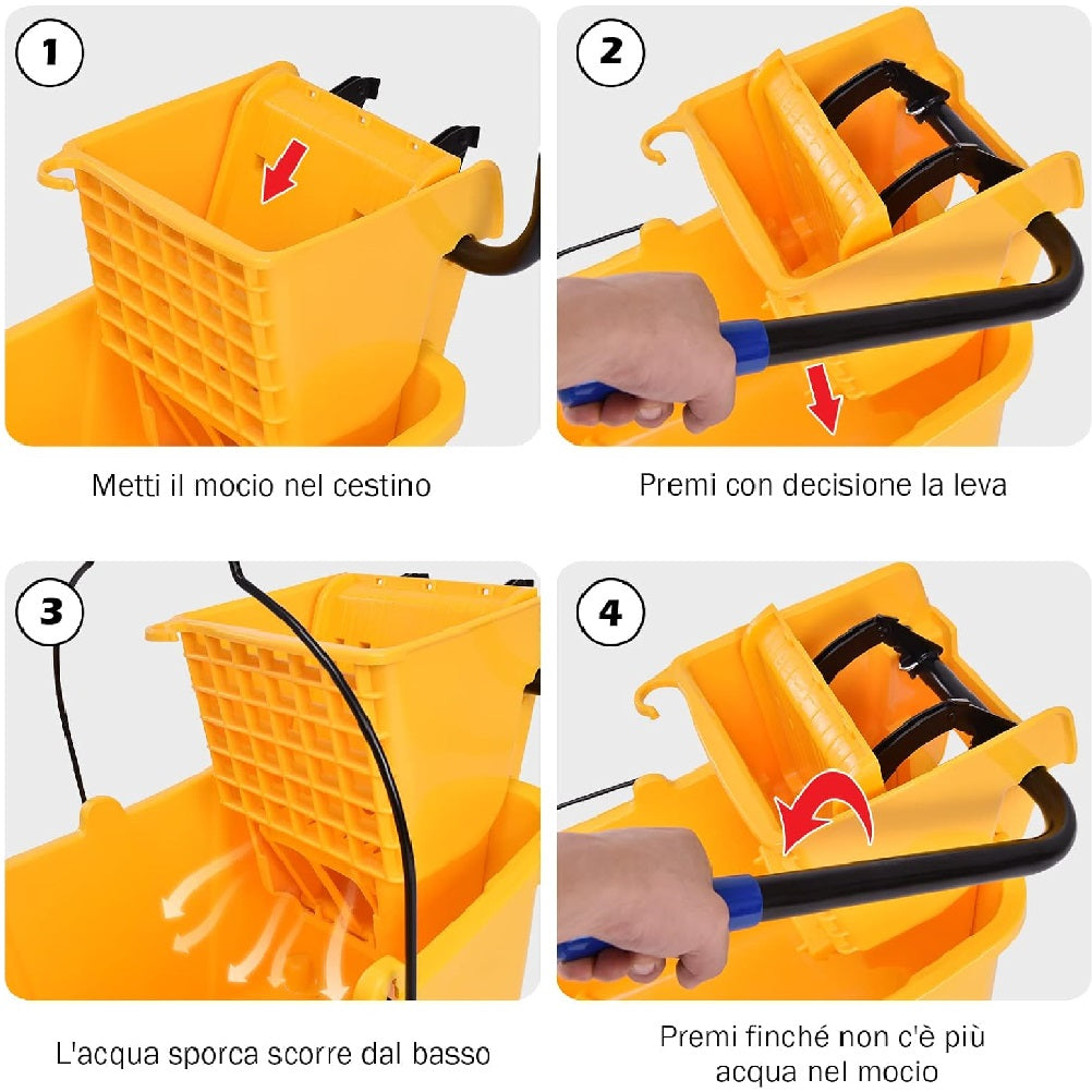 Carrello Pulizie Professionale con Secchio Lavapavimenti 20LT e 4 Ruote Mobili