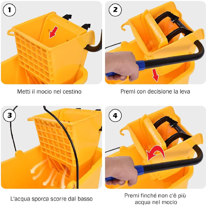 Carrello Pulizie Professionale con Secchio Lavapavimenti 20LT e 4 Ruote Mobili