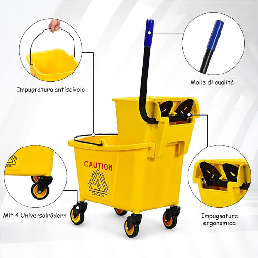 Carrello Pulizie Professionale con Secchio Lavapavimenti 20LT e 4 Ruote Mobili