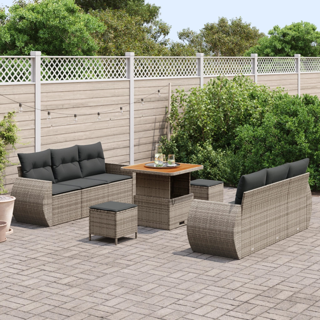 Set Divani Giardino  9 Pezzi con Cuscini Grigio Rattan Poli Acacia