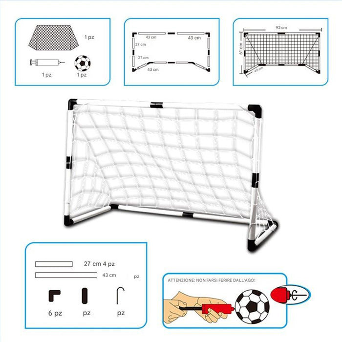 Set 2 Porte Calcio 92 x 64 cm con Pallone Gonfiatore e Morsetti per Fissaggio