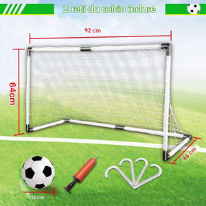 Set 2 Porte Calcio 92 x 64 cm con Pallone Gonfiatore e Morsetti per Fissaggio