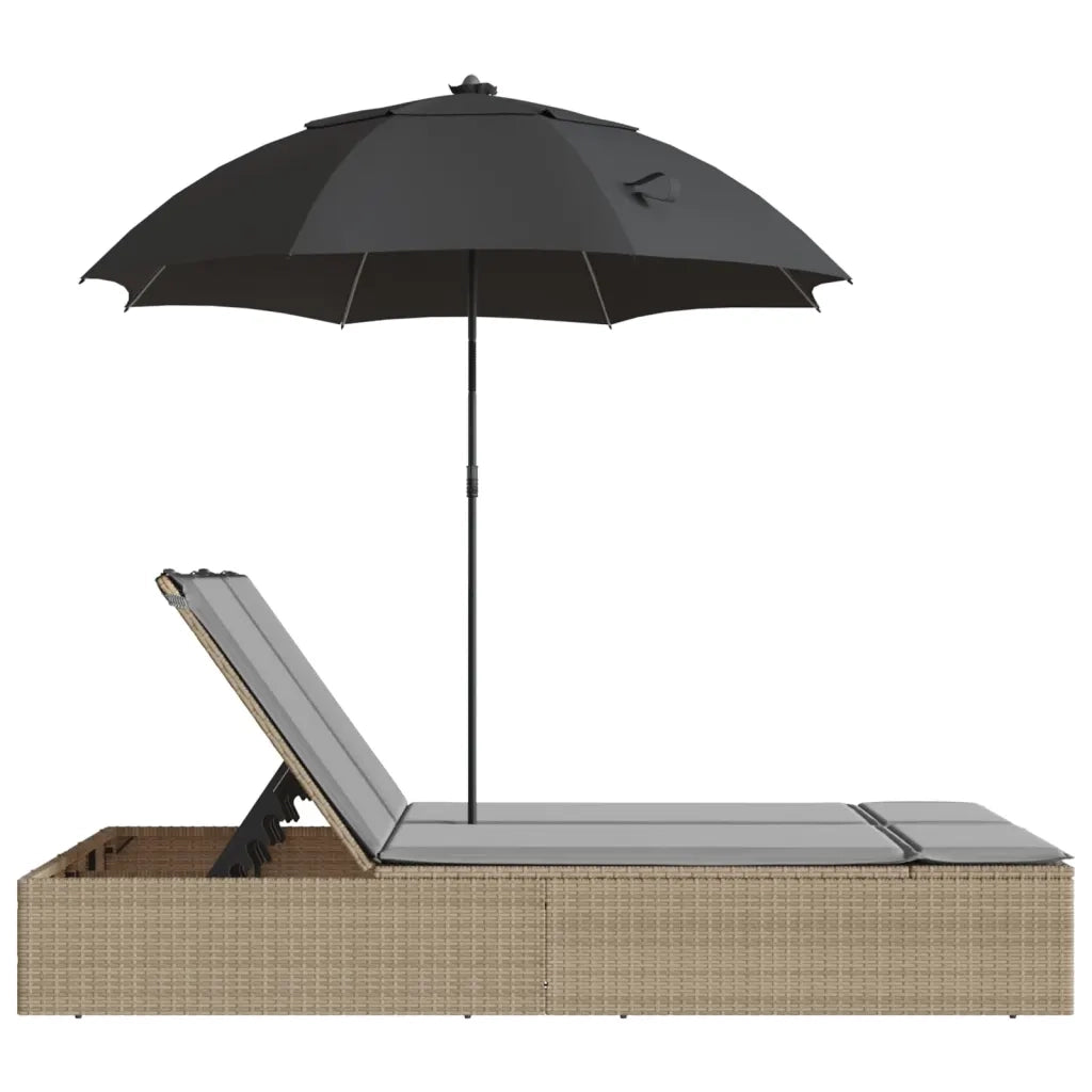 Lettino Prendisole Doppio Cuscini e Parasole Beige Polyrattan 368084
