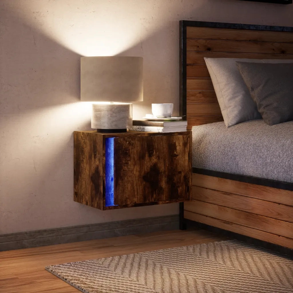 Comodino | Armadio da Notte | Mobiletto da notte a Parete con luci LED Rovere Fumo
