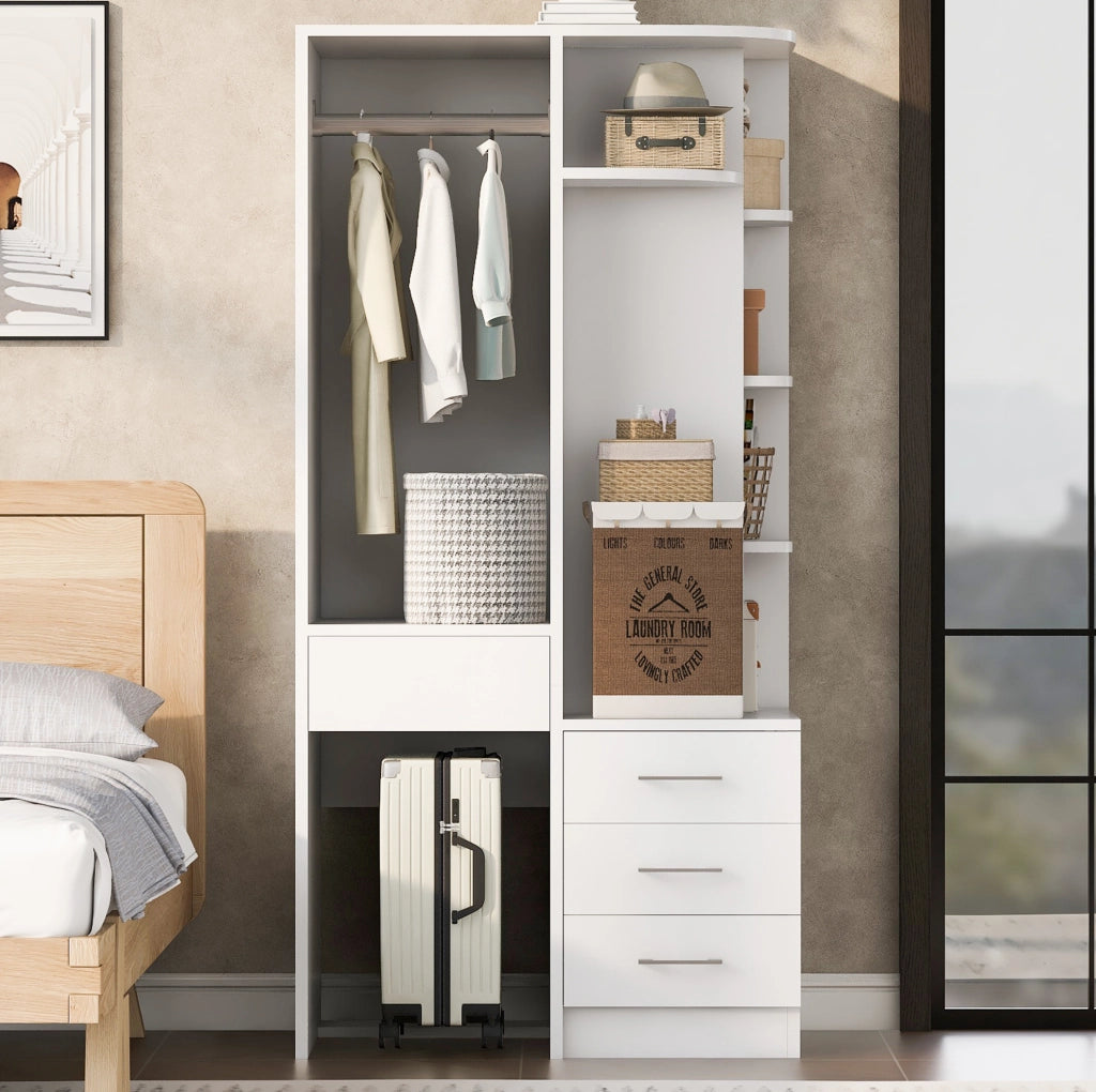 Armadio freestanding 70x55x175 cm con ripiani; barra appendiabiti e cassetti; bianco