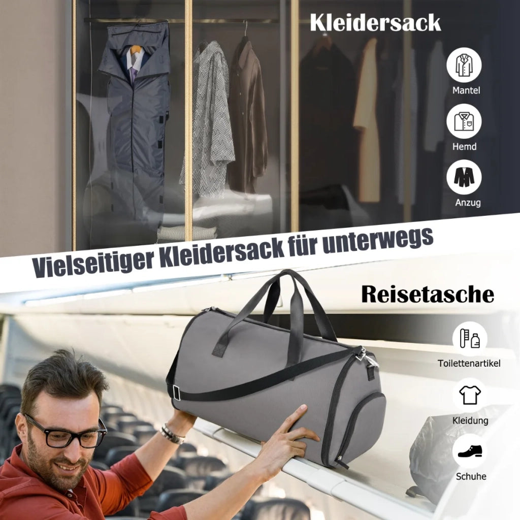 Borsa da Viaggio Porta Abiti 2 in 1 in PU Grigio Scuro Impermeabile con Scomparto Scarpe e Tracolla Regolabile 50L 55x30x28cm