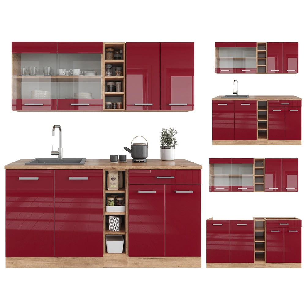 Vicco Cucina completa Rosso lucido/rovere dorato 160 cm , PL Marmo