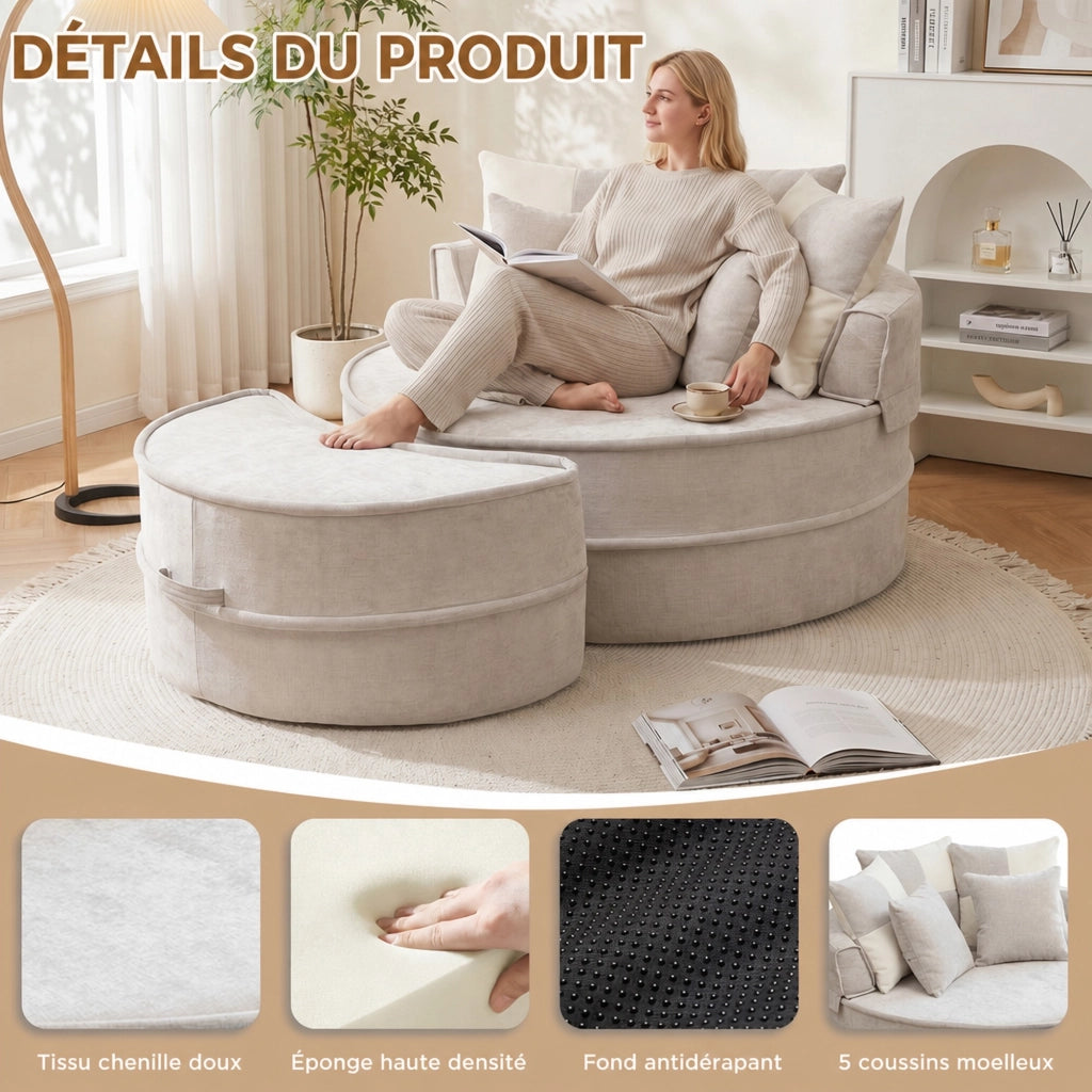 Poltrona rotonda senza montaggio con ottomana e 5 cuscini in schiuma chenille grigio per soggiorno 121 × 107 cm