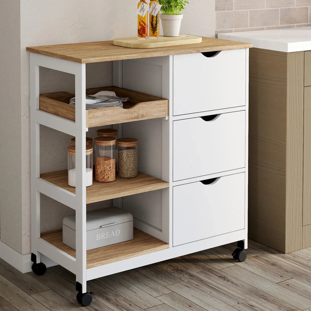 IDMarket - Credenza MUNA 3 cestini + 1 vassoio estraibile effetto bianco e faggio L.76 cm