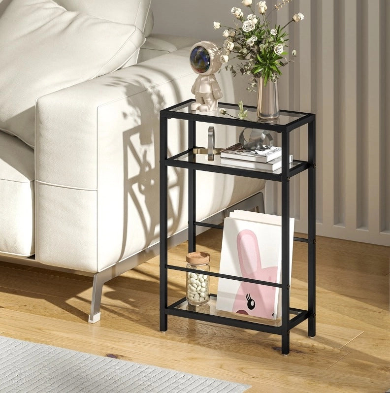 Tavolino laterale 40x18x62 cm a 3 ripiani in vetro nero