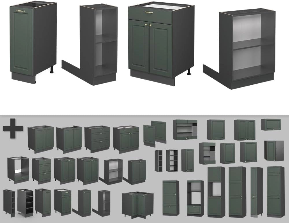 Isola cucina Fame-Line, Verde-oro Country House/Antracite, 90 cm con cassetto, senza piano di lavoro, per l'espansione flessibile tramite moduli aggiuntivi compatibili