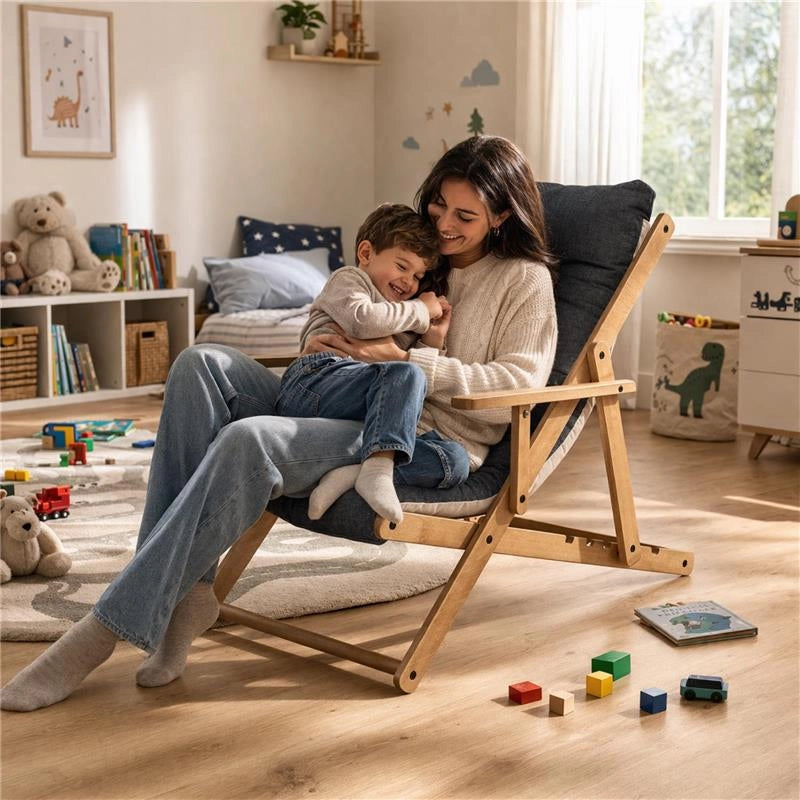 POLTRONA RELAX COMODONA IN LEGNO TELAIO MIELE E TESSUTO BLU JEANS 3 POSIZIONI