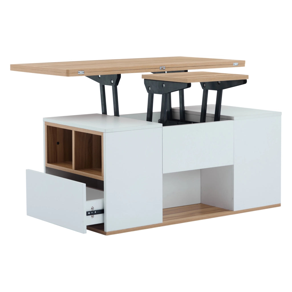 Tavolino da caffè con piano alzabile; 2 cassetti e vani - 100x51x47 cm - bianco