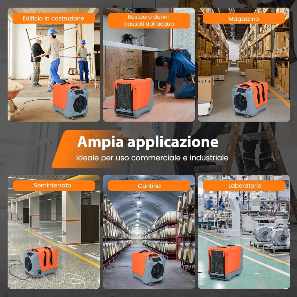 Deumidificatore Commerciale 85 L/Giorno, Deumidificatore con Pompa e Tubo di Scarico, Sbrinamento Automatico, 2 Ruote e Maniglia Pieghevole, Timer 24H, per Cantina Magazzino (Arancione)
