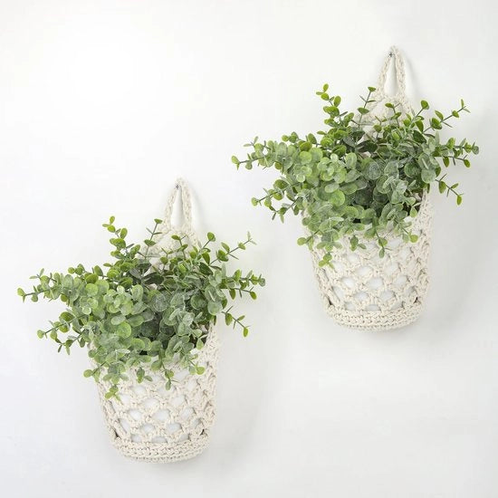 Set di maniglie a rete da parete, composto da 2 decorazioni boho da appendere, vasi da parete e vasi da fiore appesi, per interni ed esterni, giardino, balcone, finestra, soggiorno - beige