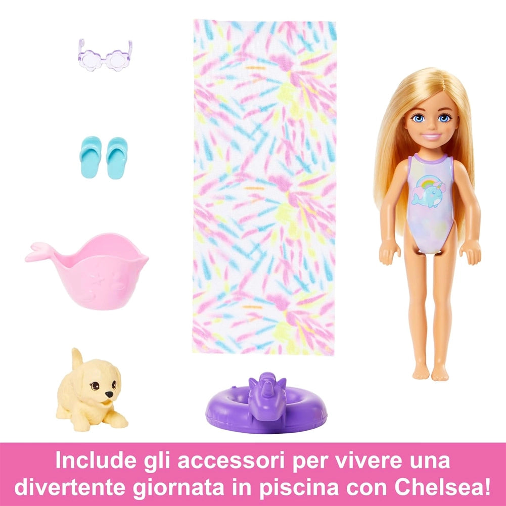 Barbie Chelsea con Scivolo d'Acqua Arcobaleno Playset con Bambola e Cucciolo