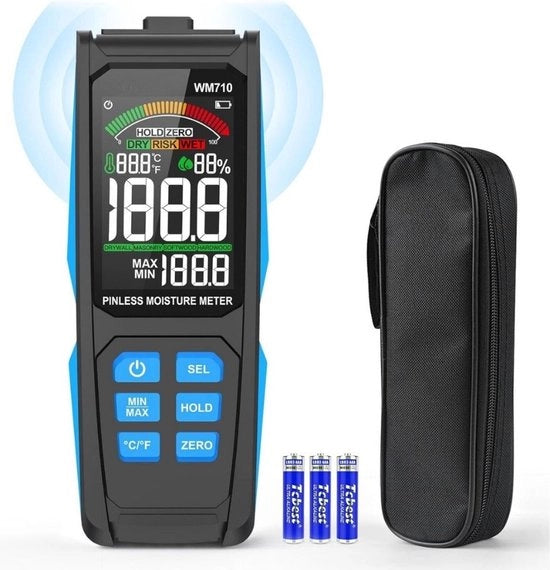 Vochtmeter per muri - Vochtmeter - Vochtmeter in legno con cassetto di stoccaggio - Vochtmeter inclusi termometro - Preciso – Opere di intonaco - Inclusi batterie