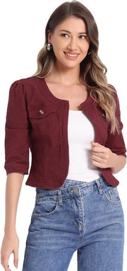 Gilet da donna in lila con 3/4 maniche, davanti aperto e tasche, taglia XS.
