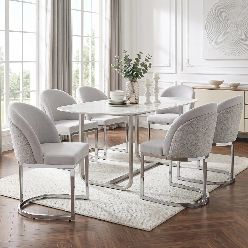 Set di 2 sedie da pranzo in Chenille grigio e metallo argentato, design moderno