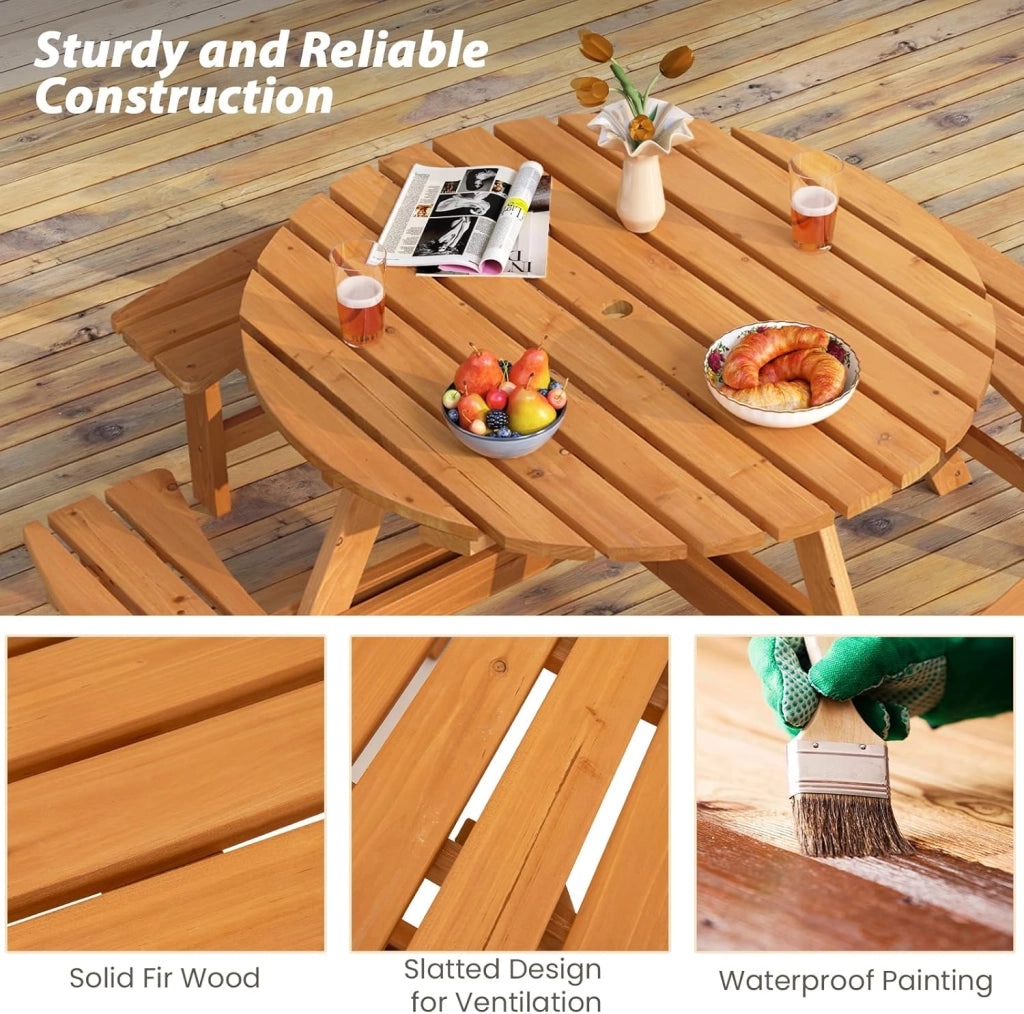 Tavolo da Picnic per 8 Persone con Foro per Ombrellone, Tavolo con Panche in Legno di Abete, Set da Giardino Esterno per Bar, Agriturismo, Sagra, Patio, Balcone, φ179 x 70 cm (Giallo)
