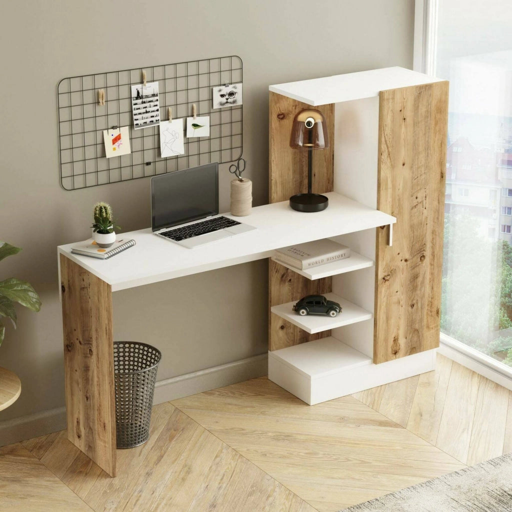 Scrivania Angaga, Scrittoio multiuso, Tavolo per ufficio porta PC, Piano di lavoro, 152x40h120 cm, Quercia e Bianco