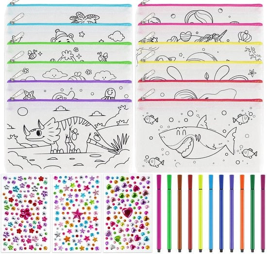 Set di colori per bambini con 12 pennelli e 12 matite colorate, borsa da disegno con 3 adesivi glitter per regali per bambini, biglietti di ringraziamento per una festa di compleanno, biglietti di ringraziamento per bambine, kit di attività per bambini.