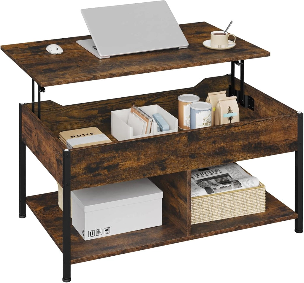 Tavolino da Caffè Sollevabile, Tavolino da Divano con Scomparto Nascosto e Aperto, Tavolino da Salotto Industriale, 90x50x(45-60) cm, Marrone Rustico, BTS15vbn
