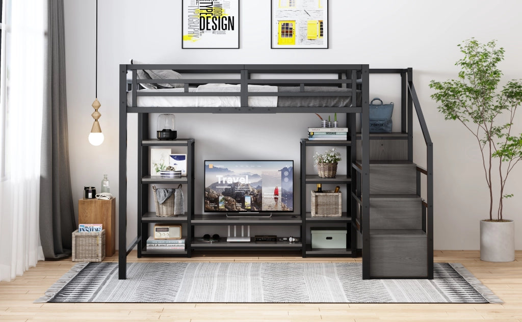 Letto a soppalco 140 × 200 cm con supporto TV, presa elettrica e scala contenitore, senza materasso, in metallo, nero