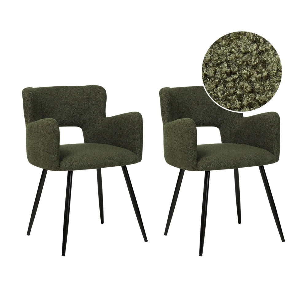 Set di 2 sedie da pranzo bouclè verde scuro braccioli schienale intagliato gambe in metallo moderna industriale