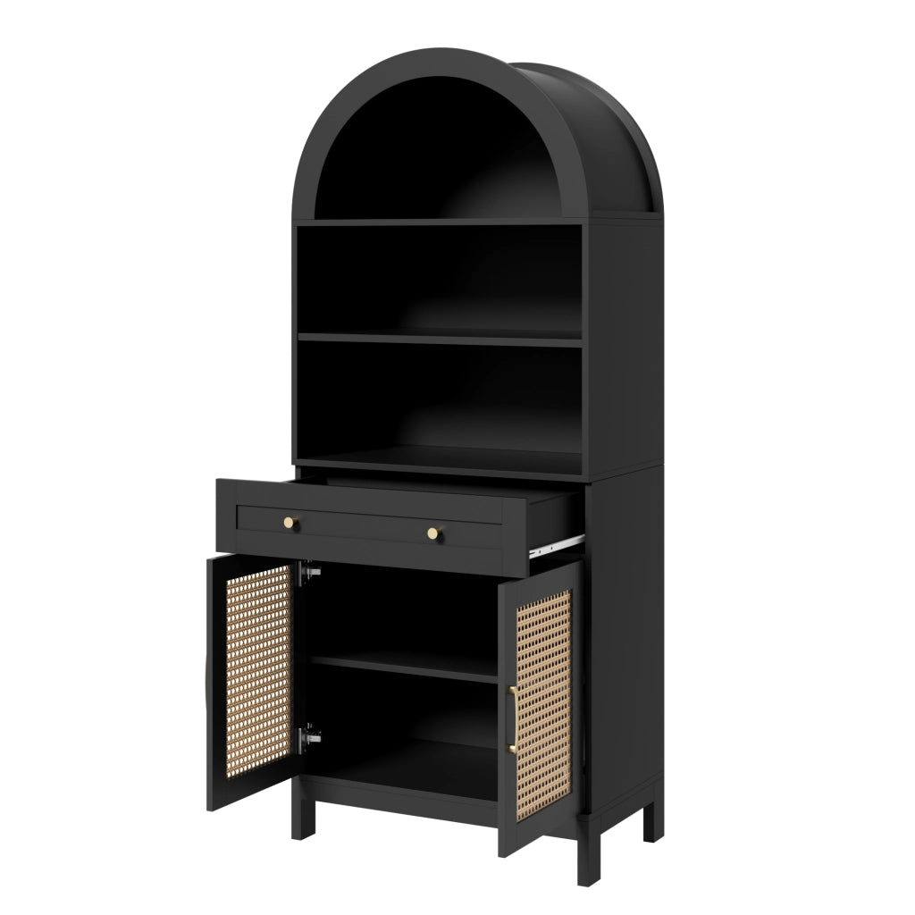 Vetrina, libreria, mobile, ante in vimini, 3 ripiani, con cassetti, 70 x 40 x 170 cm, nero