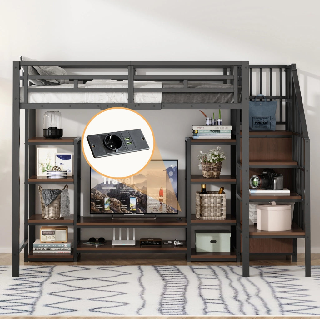 Letto a soppalco 90x200 cm nero con supporto TV, presa e scala contenitore