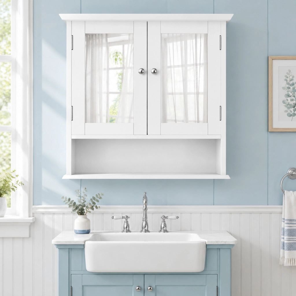 Mobile bagno sospeso bianco con specchio, scaffale regolabile e ripiani aperti 54,6x19,8x60 cm