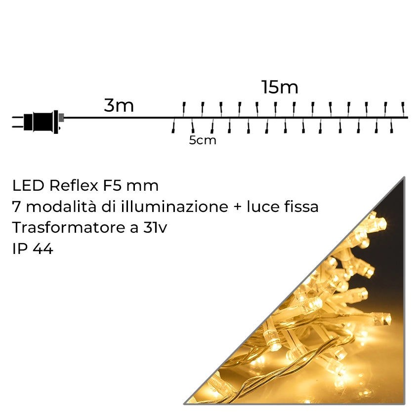 CATENA DI LUCI GIALLE 300 LED 31V CON CAVO TRASPARENTE DA 15 METRI - ILLUMINAZIONE VERSATILE PER DECORAZIONI NATALIZIE