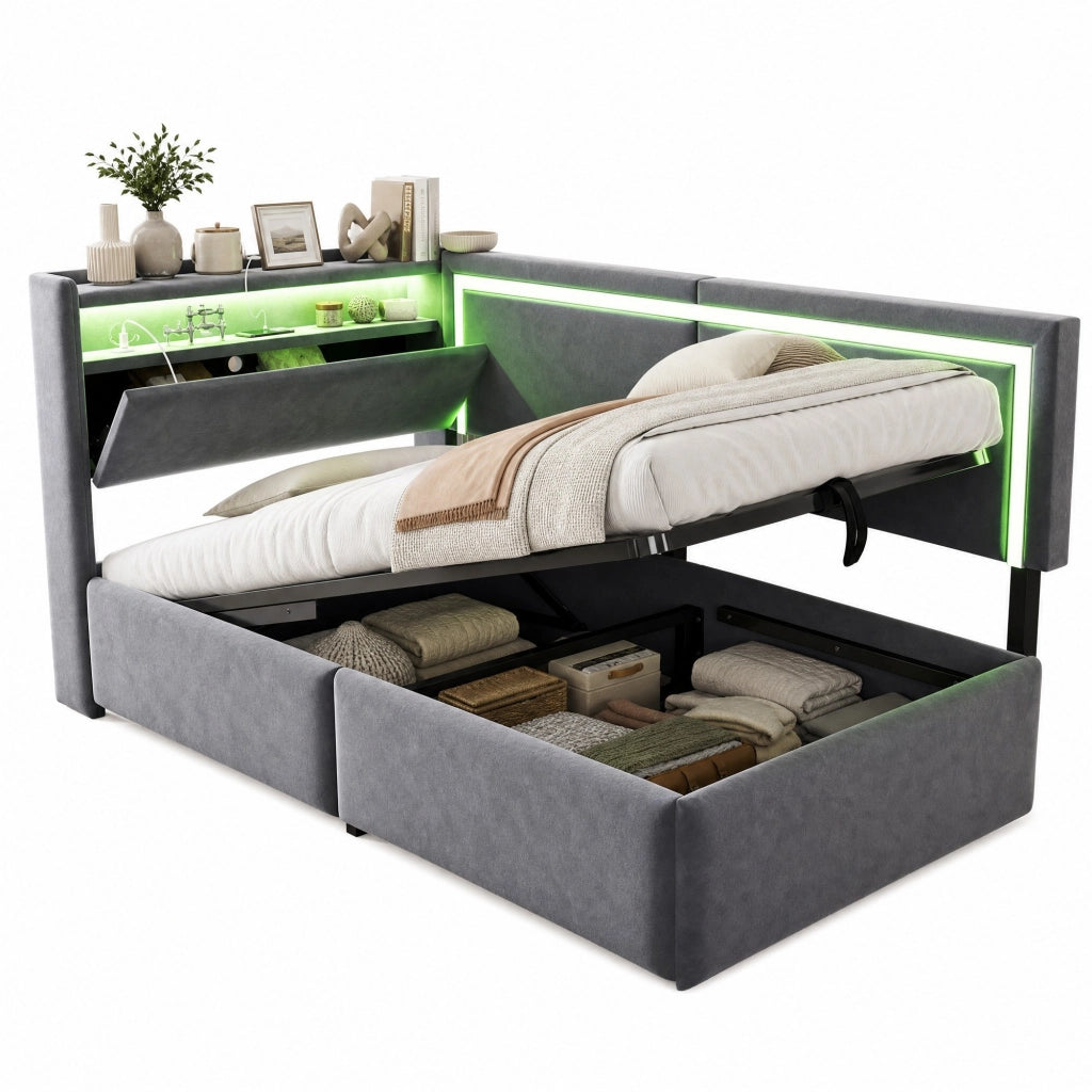 Divano letto 90x200 cm con contenitore; LED e USB in velluto grigio